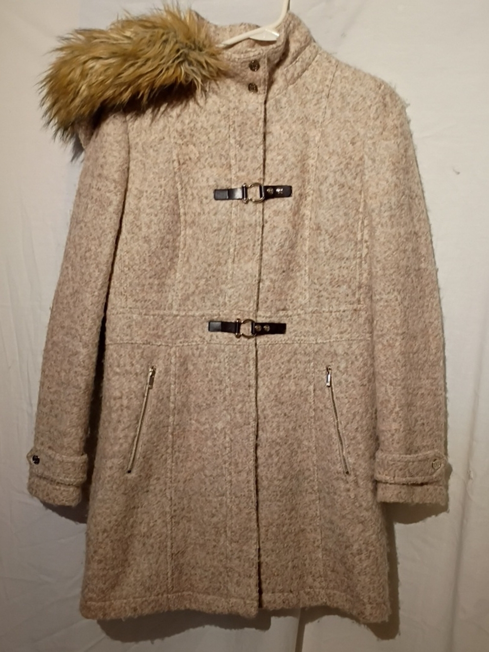 Ivanka Trump Beige Wool-Blend Toggle Pea Coat with Faux Fur Trim